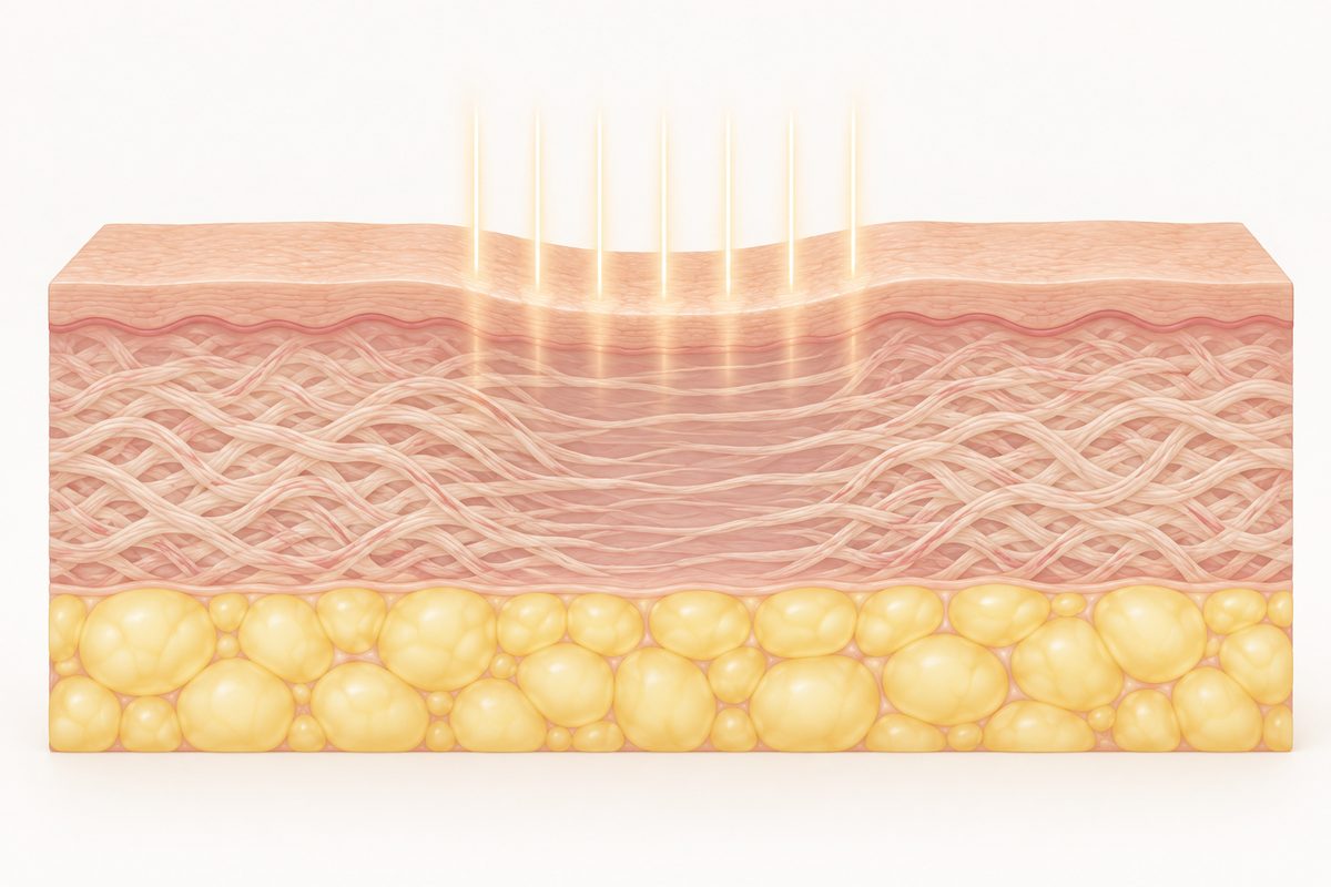Illustration of a cross-section of skin with a stretch mark in the middle layer and thin columns of laser light reaching into the skin over the stretch mark.