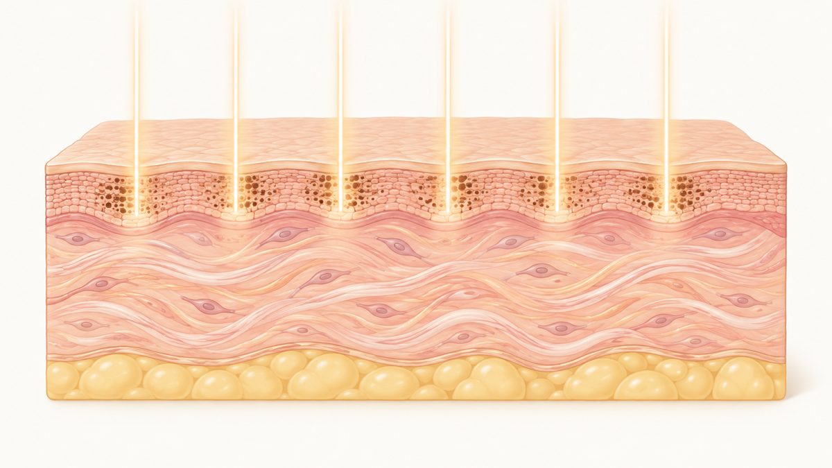 Illustration of a cross-section of skin with brown pigment in the upper layer and thin columns of fractional CO2 laser light reaching into it
