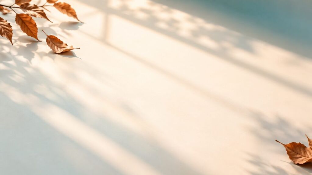 Illustration of soft light beams over a smooth surface with autumn leaves.