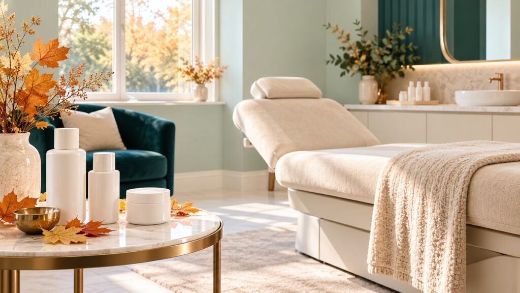 Illustration of a calm clinic treatment room with skincare bottles and autumn leaves.