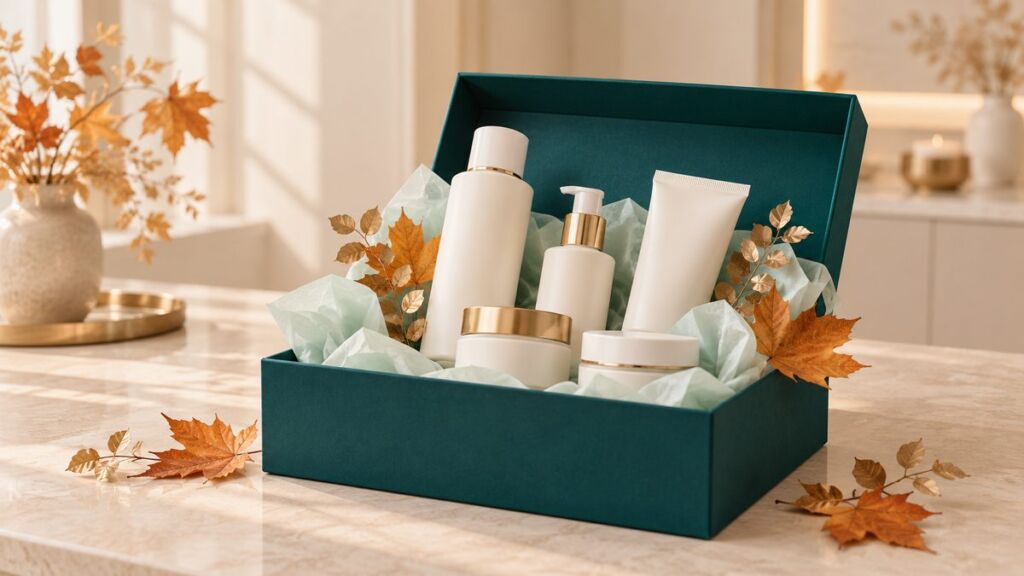 Illustration of a skincare gift box with autumn leaves around it.