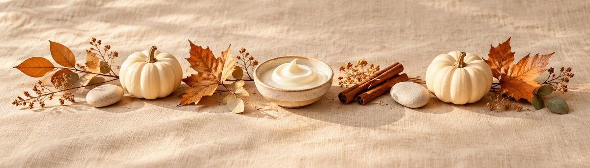 Autumn leaves, small pale pumpkins and a dish of cream on linen